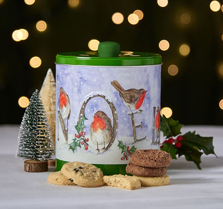 Embossed Robin Noel Barrel Tin